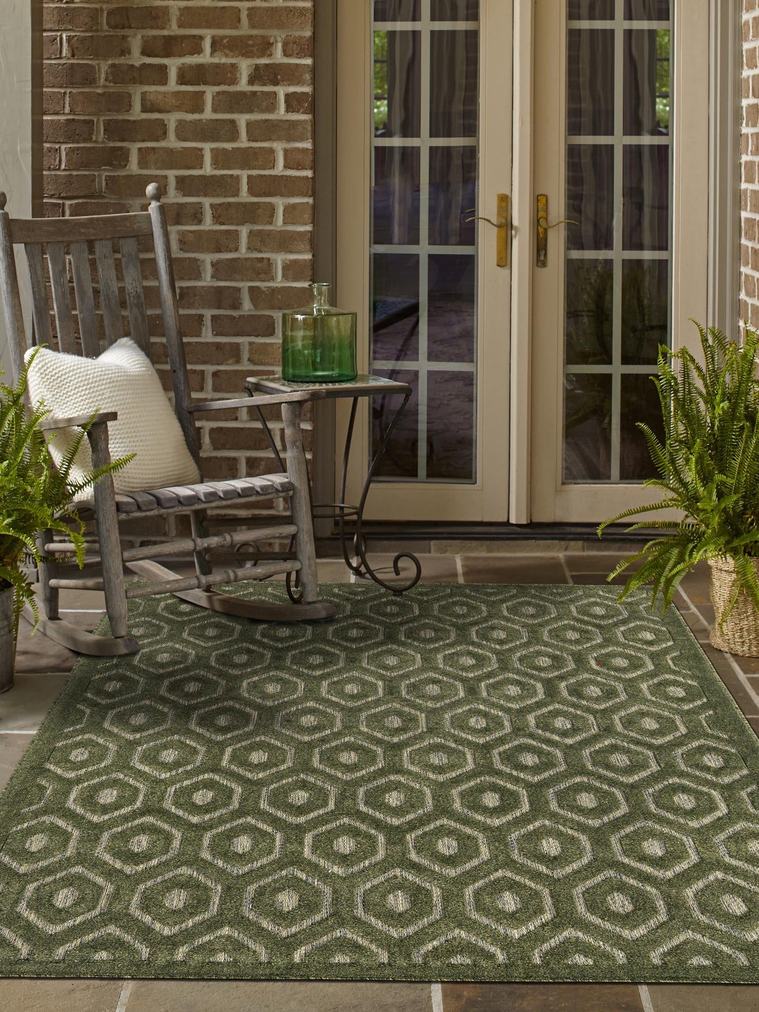 Green 7' 10 x 10' Outdoor Trellis Textured Rectangle Area Rug Weather Resistant for Patio, Deck, Terrace, Balcony, Porch Geometric Design Water Safe Outside Carpet for Sale at Rug Engine