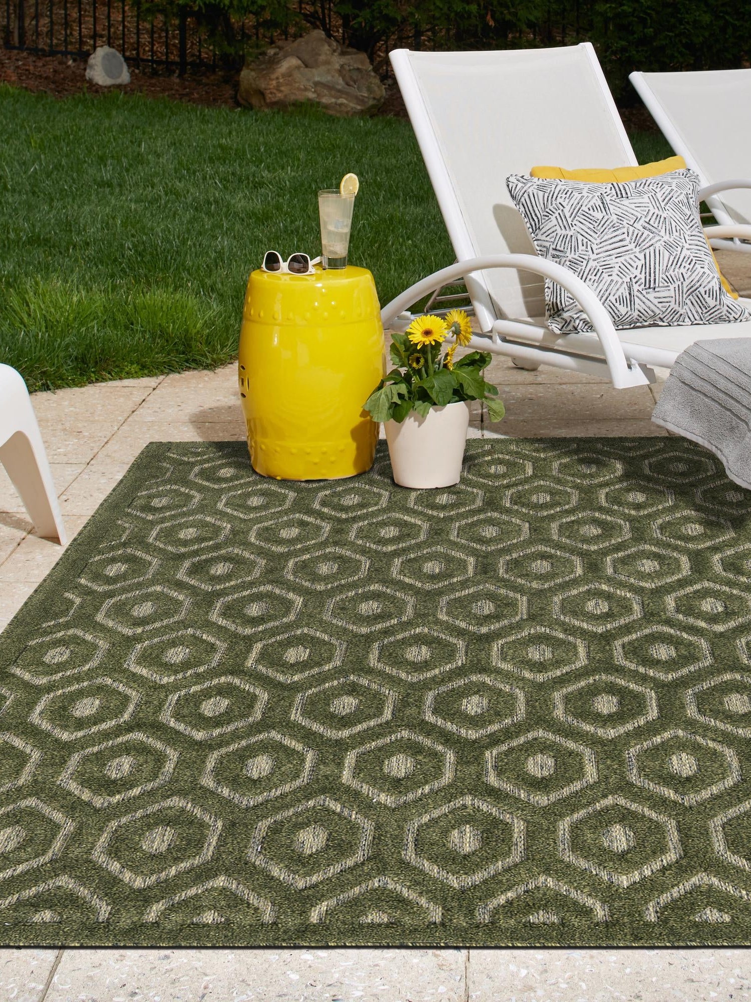 Green 6' x 9' Outdoor Trellis Textured Rectangle Area Rug Weather Resistant for Patio, Deck, Terrace, Balcony, Porch Geometric Design Water Safe Outside Carpet for Sale at Rug Engine