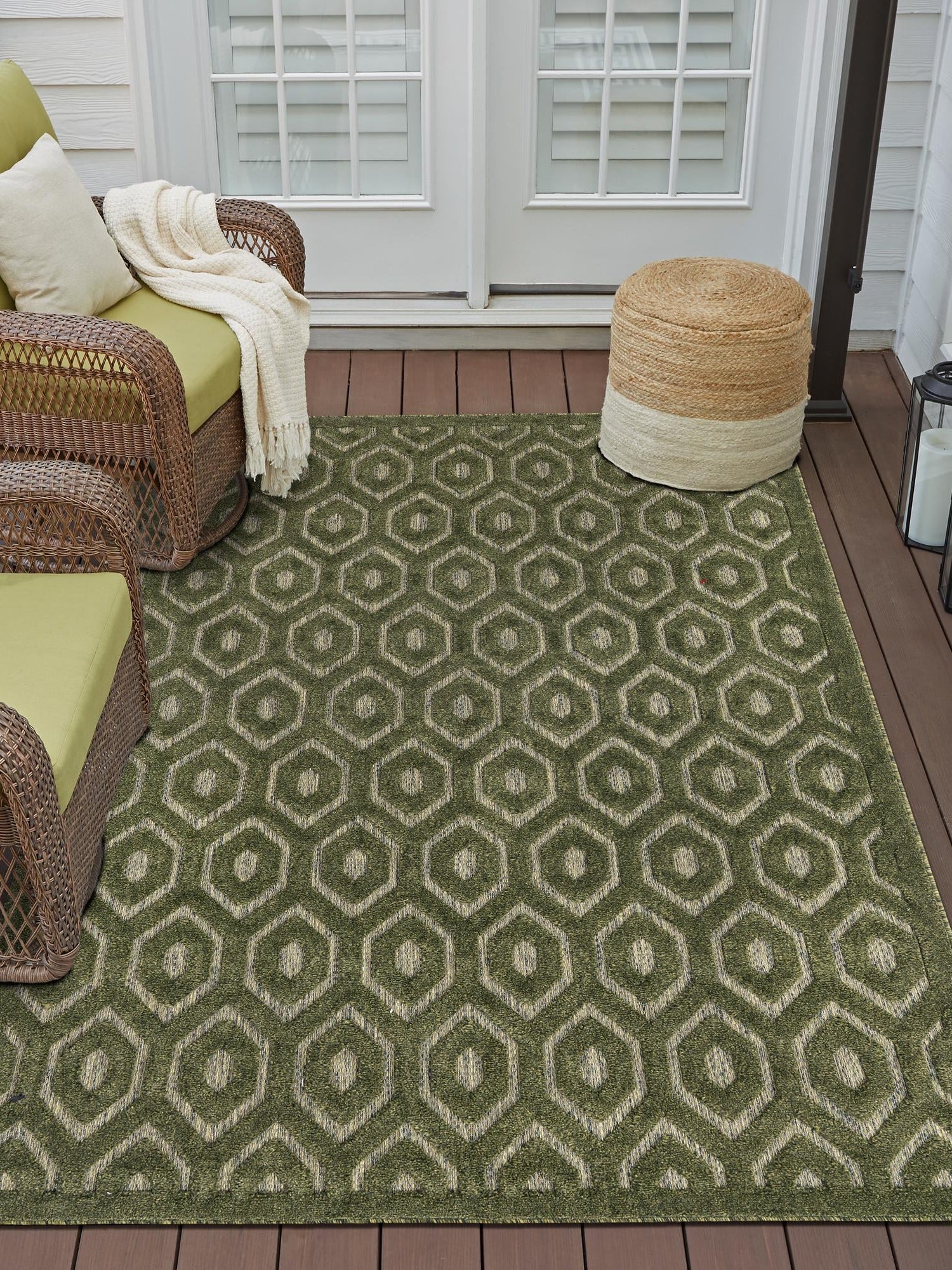 Green 6' x 9' Outdoor Trellis Textured Rectangle Area Rug Weather Resistant for Patio, Deck, Terrace, Balcony, Porch Geometric Design Water Safe Outside Carpet for Sale at Rug Engine