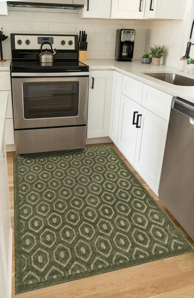 Green 9' x 12' Outdoor Trellis Textured Rectangle Area Rug Weather Resistant for Patio, Deck, Terrace, Balcony, Porch Geometric Design Water Safe Outside Carpet for Sale at Rug Engine