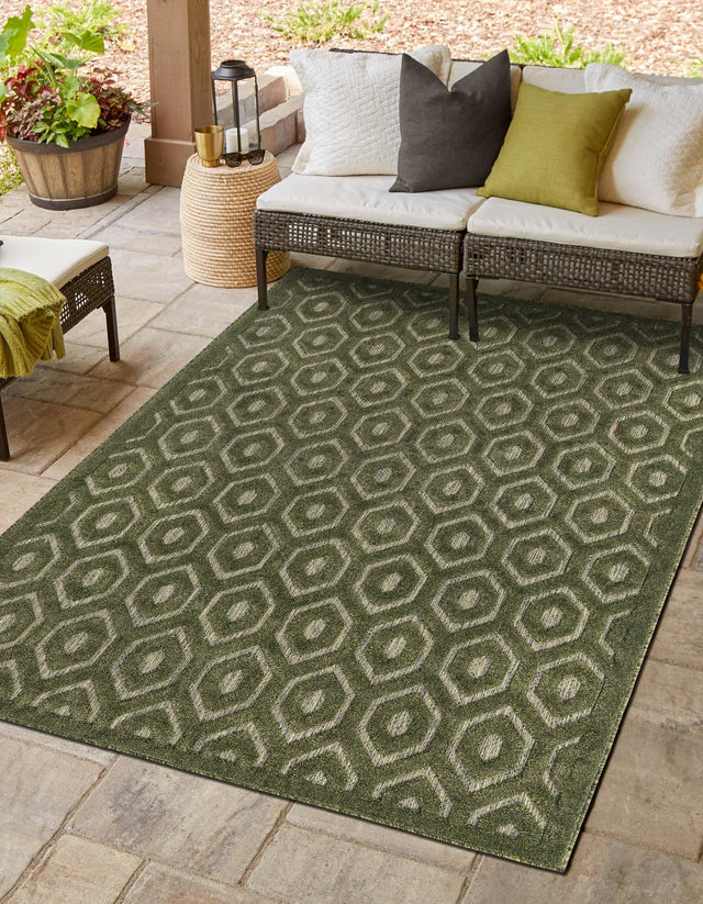Green 9' x 12' Outdoor Trellis Textured Rectangle Area Rug Weather Resistant for Patio, Deck, Terrace, Balcony, Porch Geometric Design Water Safe Outside Carpet for Sale at Rug Engine
