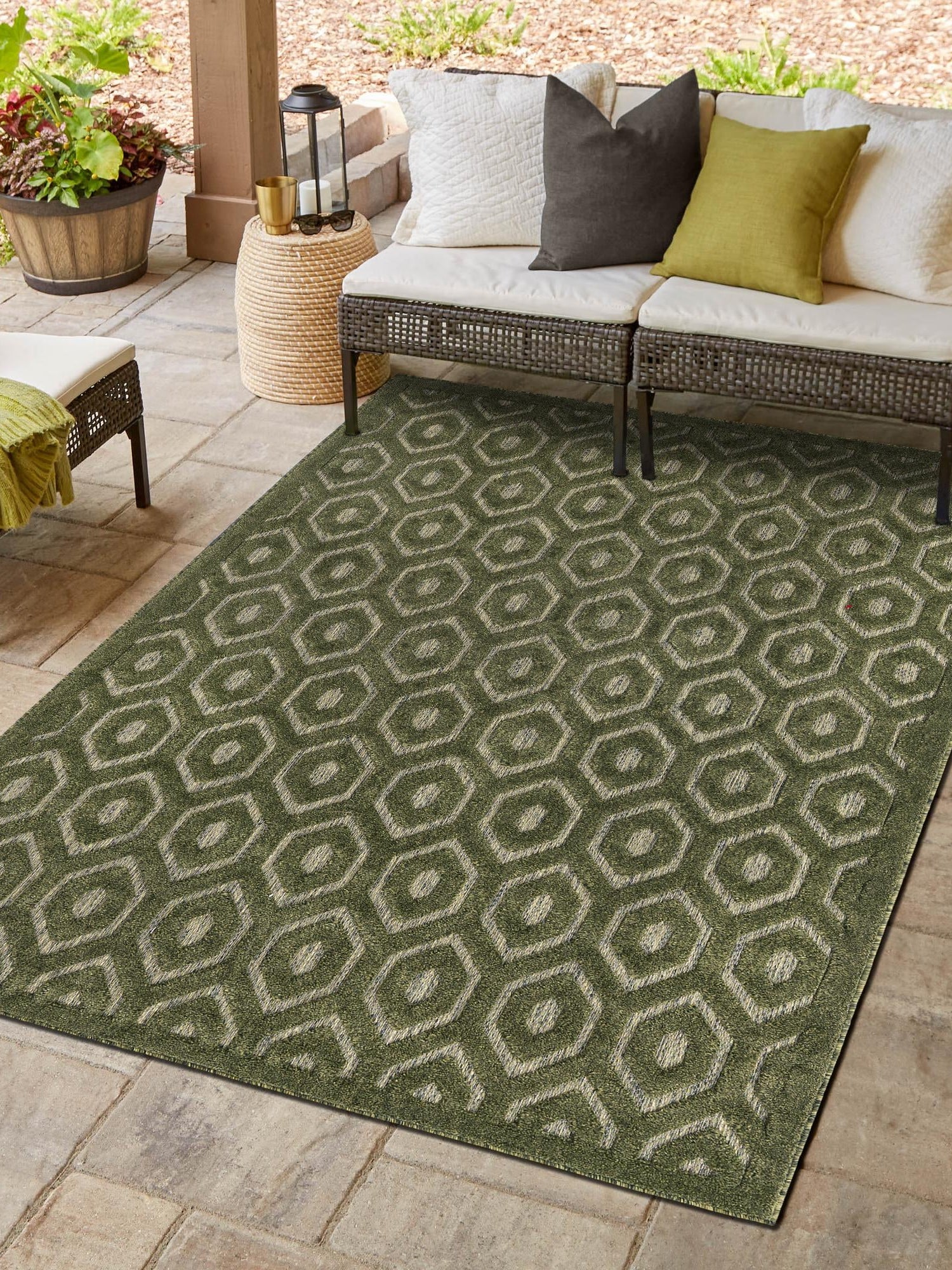 Green 6' x 9' Outdoor Trellis Textured Rectangle Area Rug Weather Resistant for Patio, Deck, Terrace, Balcony, Porch Geometric Design Water Safe Outside Carpet for Sale at Rug Engine