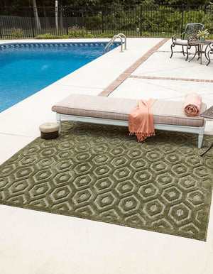 Green 7' 10 x 7' 10 Outdoor Trellis Textured Square Area Rug Weather Resistant for Patio, Deck, Terrace, Balcony, Porch Geometric Design Water Safe Outside Carpet for Sale at Rug Engine
