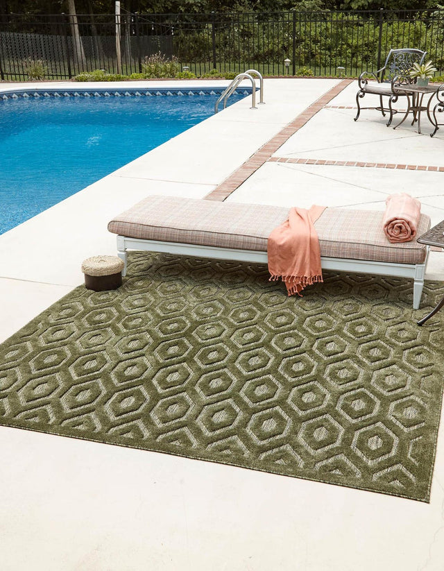 Green 7' 10 x 7' 10 Outdoor Trellis Textured Square Area Rug Weather Resistant for Patio, Deck, Terrace, Balcony, Porch Geometric Design Water Safe Outside Carpet for Sale at Rug Engine