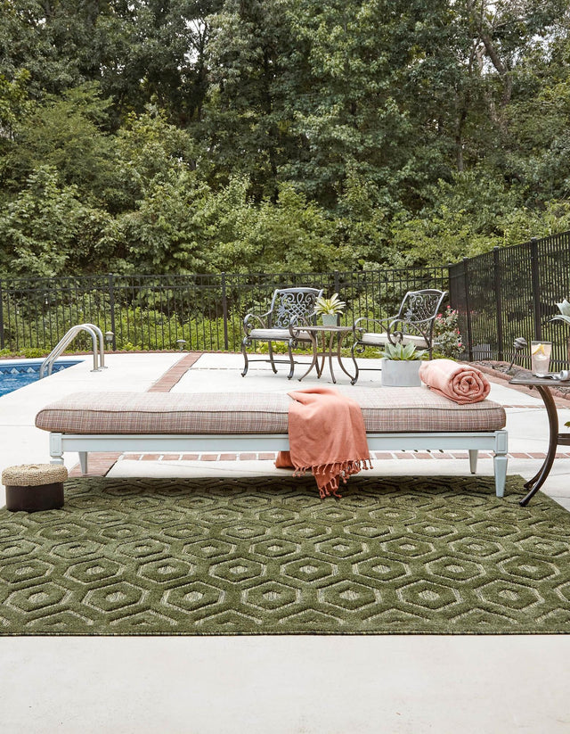 Green 7' 10 x 7' 10 Outdoor Trellis Textured Square Area Rug Weather Resistant for Patio, Deck, Terrace, Balcony, Porch Geometric Design Water Safe Outside Carpet for Sale at Rug Engine