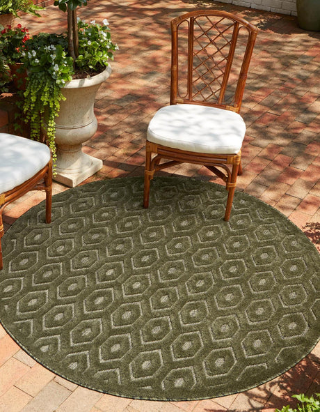 Green 3' x 3' Outdoor Trellis Textured Round Area Rug Weather Resistant for Patio, Deck, Terrace, Balcony, Porch Geometric Design Water Safe Outside Carpet for Sale at Rug Engine