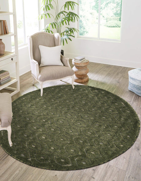 Green 3' x 3' Outdoor Trellis Textured Round Area Rug Weather Resistant for Patio, Deck, Terrace, Balcony, Porch Geometric Design Water Safe Outside Carpet for Sale at Rug Engine