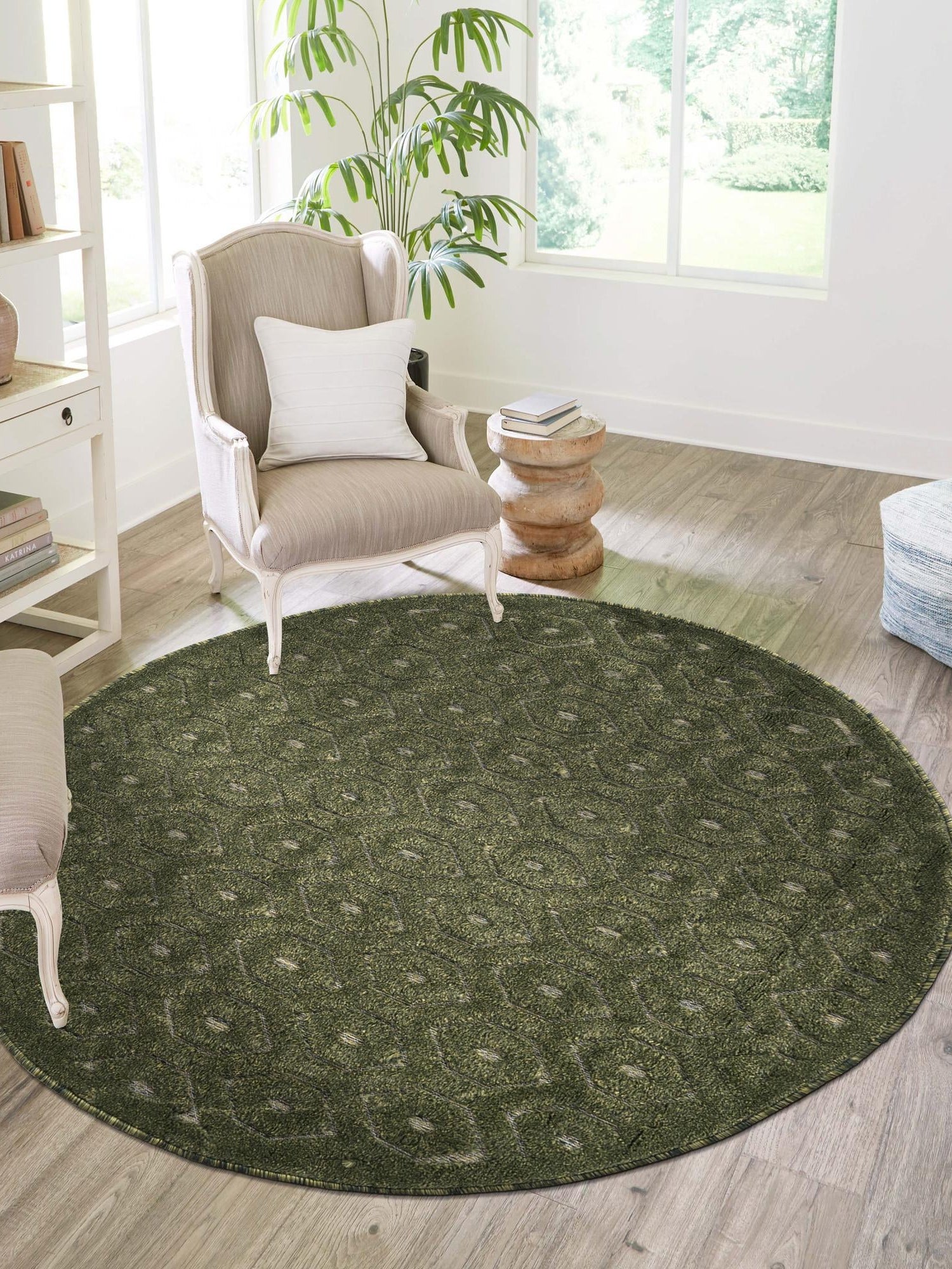 Green 7' x 7' Outdoor Trellis Textured Round Area Rug Weather Resistant for Patio, Deck, Terrace, Balcony, Porch Geometric Design Water Safe Outside Carpet for Sale at Rug Engine