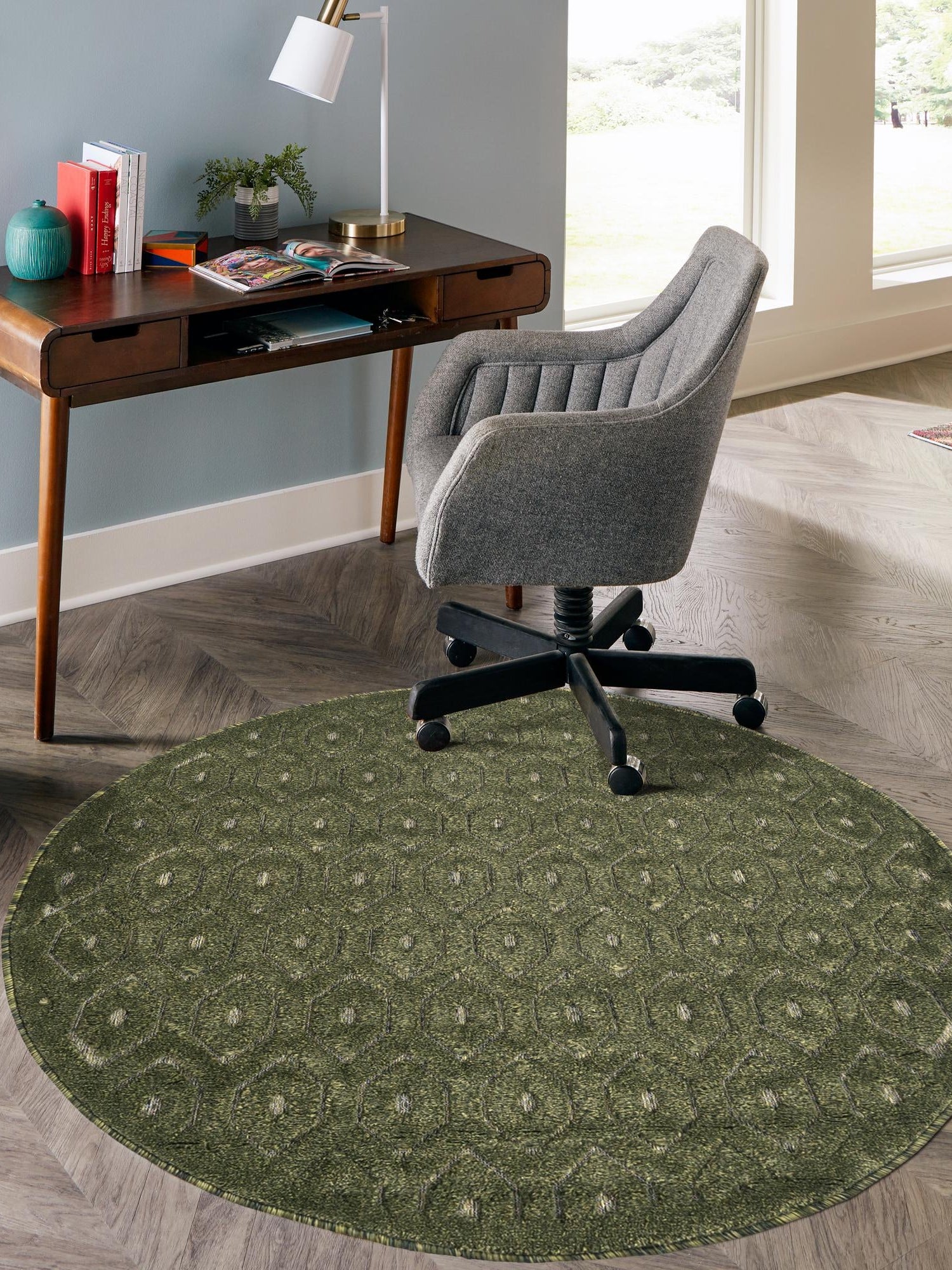 Green 5' 3 x 5' 3 Outdoor Trellis Textured Round Area Rug Weather Resistant for Patio, Deck, Terrace, Balcony, Porch Geometric Design Water Safe Outside Carpet for Sale at Rug Engine
