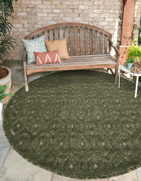Green 3' x 3' Outdoor Trellis Textured Round Area Rug Weather Resistant for Patio, Deck, Terrace, Balcony, Porch Geometric Design Water Safe Outside Carpet for Sale at Rug Engine