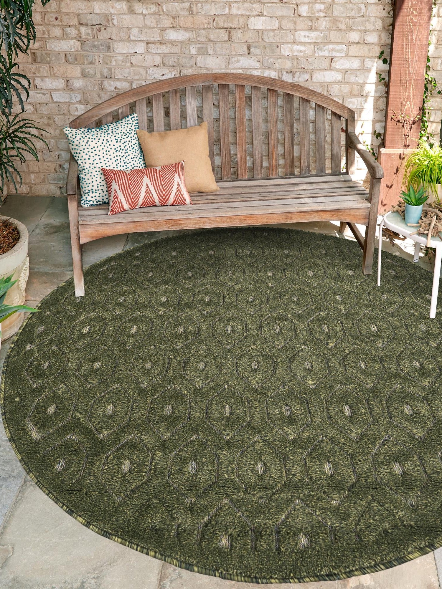 Green 7' x 7' Outdoor Trellis Textured Round Area Rug Weather Resistant for Patio, Deck, Terrace, Balcony, Porch Geometric Design Water Safe Outside Carpet for Sale at Rug Engine