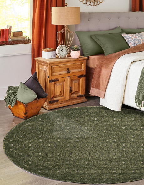 Green 3' x 3' Outdoor Trellis Textured Round Area Rug Weather Resistant for Patio, Deck, Terrace, Balcony, Porch Geometric Design Water Safe Outside Carpet for Sale at Rug Engine
