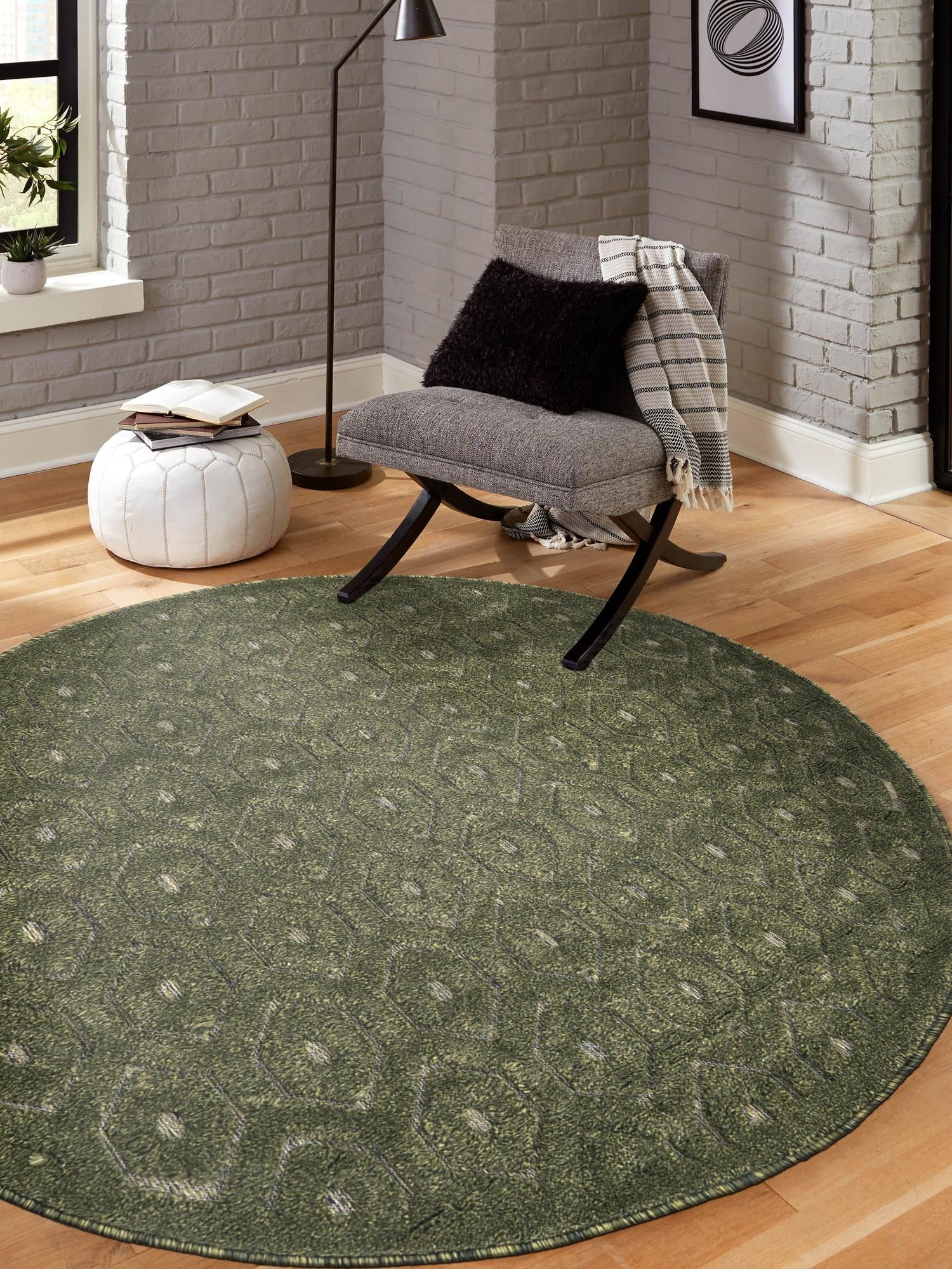 Green 7' x 7' Outdoor Trellis Textured Round Area Rug Weather Resistant for Patio, Deck, Terrace, Balcony, Porch Geometric Design Water Safe Outside Carpet for Sale at Rug Engine