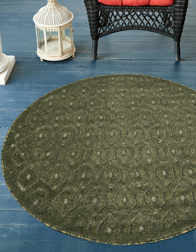 Green 5' 3 x 5' 3 Outdoor Trellis Textured Round Area Rug Weather Resistant for Patio, Deck, Terrace, Balcony, Porch Geometric Design Water Safe Outside Carpet for Sale at Rug Engine