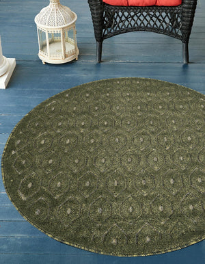 Green 7' x 7' Outdoor Trellis Textured Round Area Rug Weather Resistant for Patio, Deck, Terrace, Balcony, Porch Geometric Design Water Safe Outside Carpet for Sale at Rug Engine