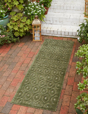 Green 2' x 8' Outdoor Trellis Textured Runner Area Rug Weather Resistant for Patio, Deck, Terrace, Balcony, Porch Geometric Design Water Safe Outside Carpet for Sale at Rug Engine