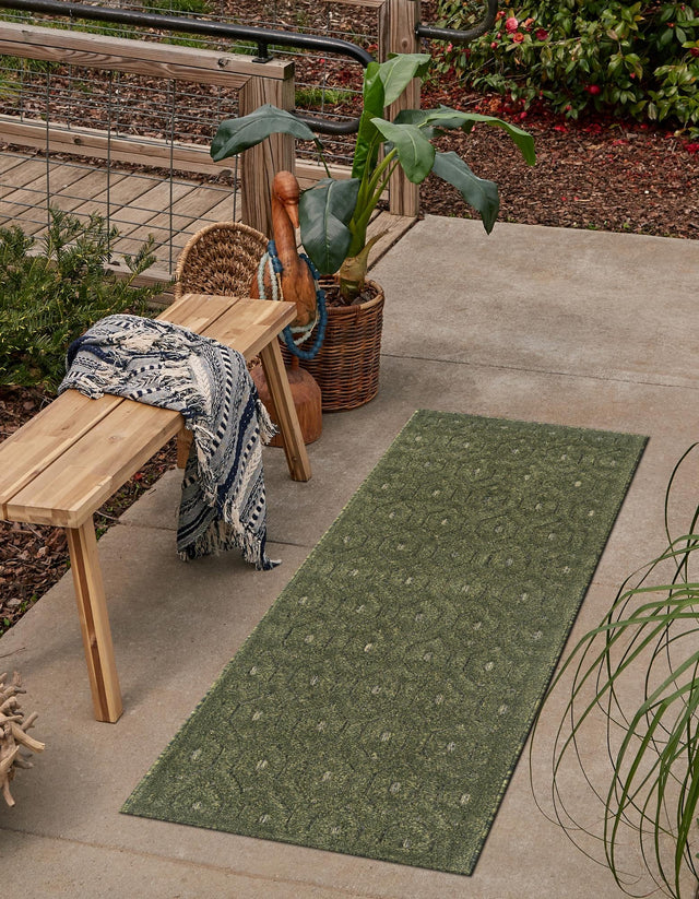 Green 2' x 8' Outdoor Trellis Textured Runner Area Rug Weather Resistant for Patio, Deck, Terrace, Balcony, Porch Geometric Design Water Safe Outside Carpet for Sale at Rug Engine