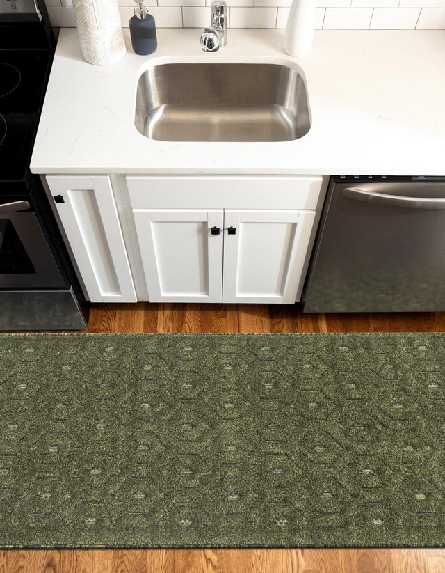 Green 2' x 8' Outdoor Trellis Textured Runner Area Rug Weather Resistant for Patio, Deck, Terrace, Balcony, Porch Geometric Design Water Safe Outside Carpet for Sale at Rug Engine