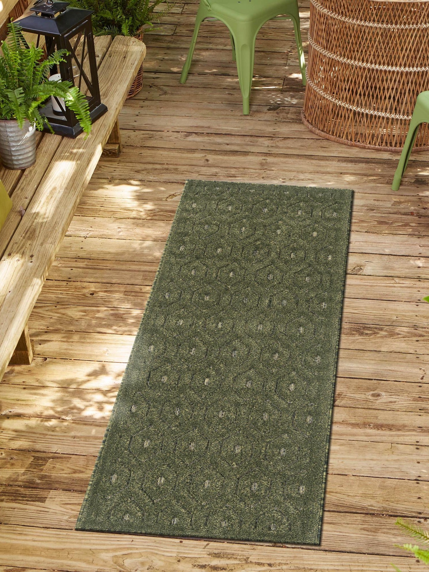 Green 2' x 8' Outdoor Trellis Textured Runner Area Rug Weather Resistant for Patio, Deck, Terrace, Balcony, Porch Geometric Design Water Safe Outside Carpet for Sale at Rug Engine