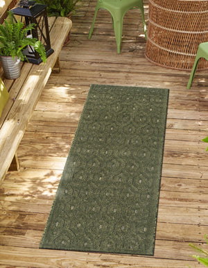 Green 2' x 8' Outdoor Trellis Textured Runner Area Rug Weather Resistant for Patio, Deck, Terrace, Balcony, Porch Geometric Design Water Safe Outside Carpet for Sale at Rug Engine