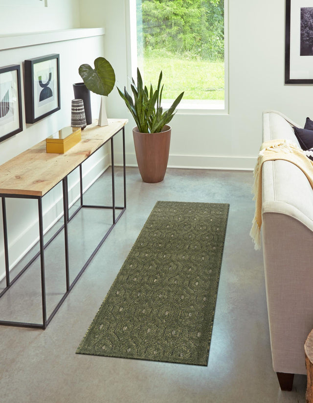 Green 2' x 8' Outdoor Trellis Textured Runner Area Rug Weather Resistant for Patio, Deck, Terrace, Balcony, Porch Geometric Design Water Safe Outside Carpet for Sale at Rug Engine
