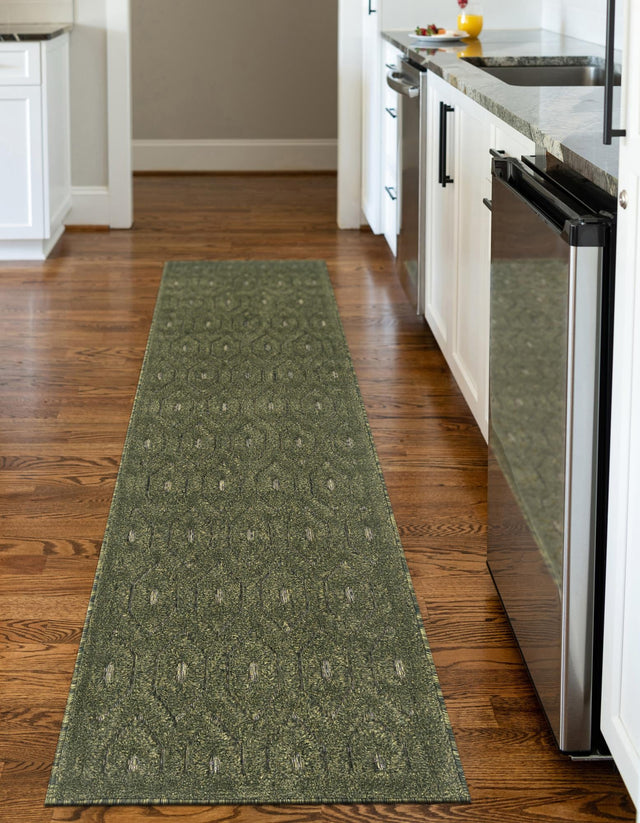 Green 2' x 8' Outdoor Trellis Textured Runner Area Rug Weather Resistant for Patio, Deck, Terrace, Balcony, Porch Geometric Design Water Safe Outside Carpet for Sale at Rug Engine