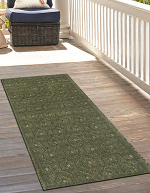 Green 2' x 8' Outdoor Trellis Textured Runner Area Rug Weather Resistant for Patio, Deck, Terrace, Balcony, Porch Geometric Design Water Safe Outside Carpet for Sale at Rug Engine