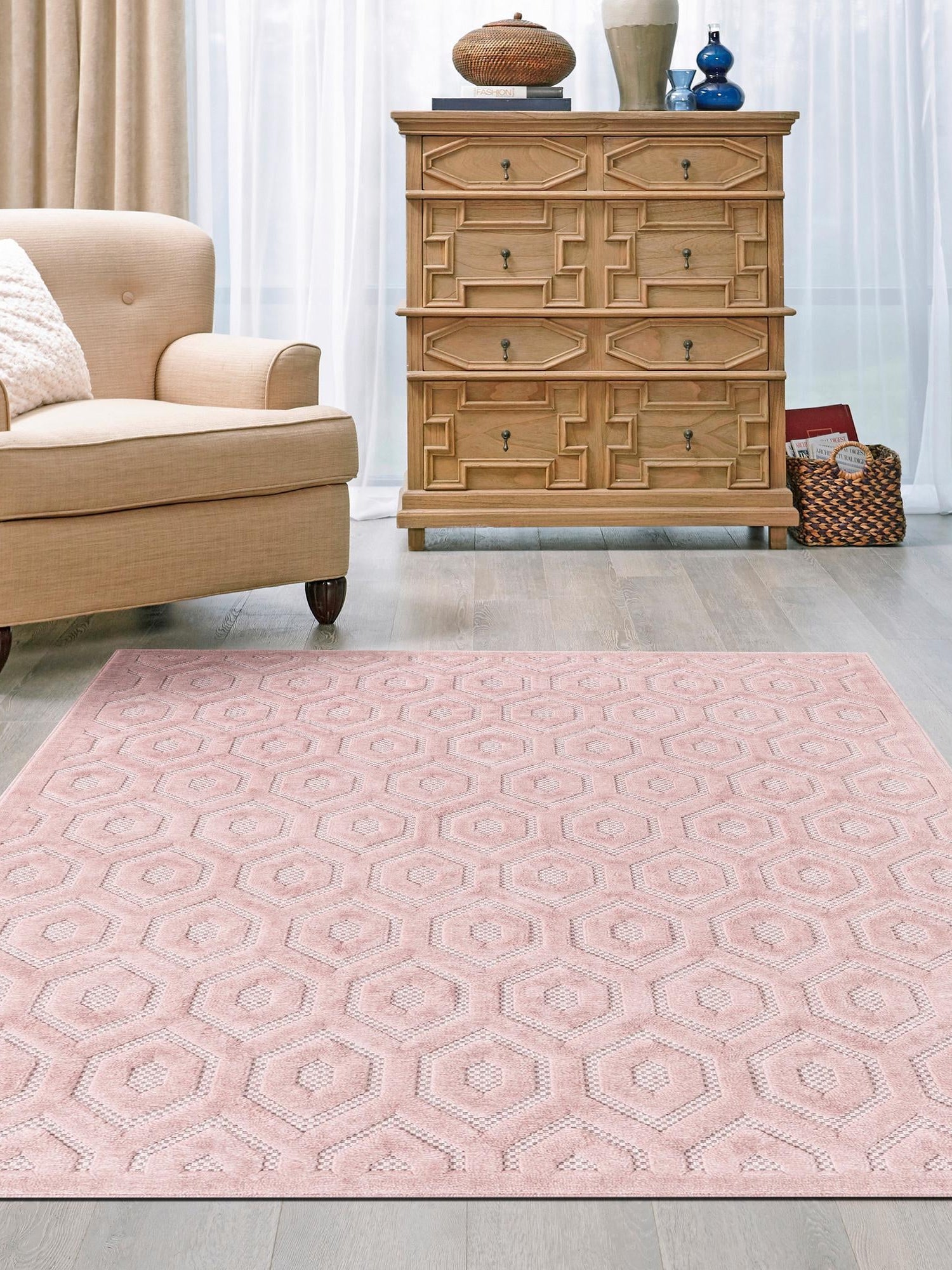 Pink 4' x 6' Outdoor Trellis Textured Rectangle Area Rug Weather Resistant for Patio, Deck, Terrace, Balcony, Porch Geometric Design Water Safe Outside Carpet for Sale at Rug Engine