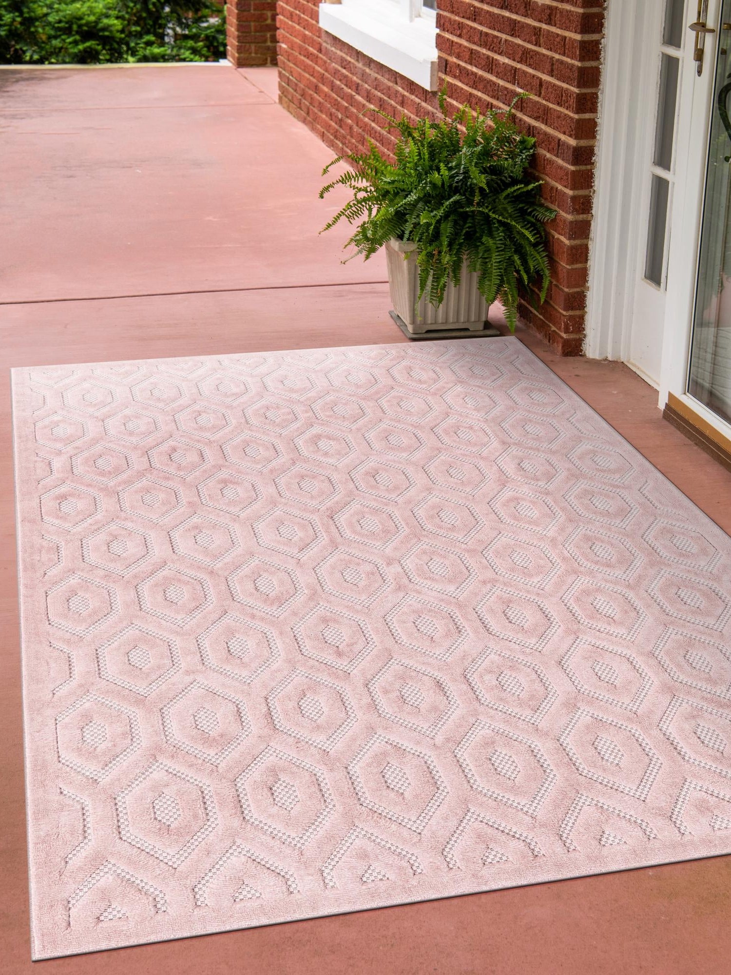 Pink 4' x 6' Outdoor Trellis Textured Rectangle Area Rug Weather Resistant for Patio, Deck, Terrace, Balcony, Porch Geometric Design Water Safe Outside Carpet for Sale at Rug Engine