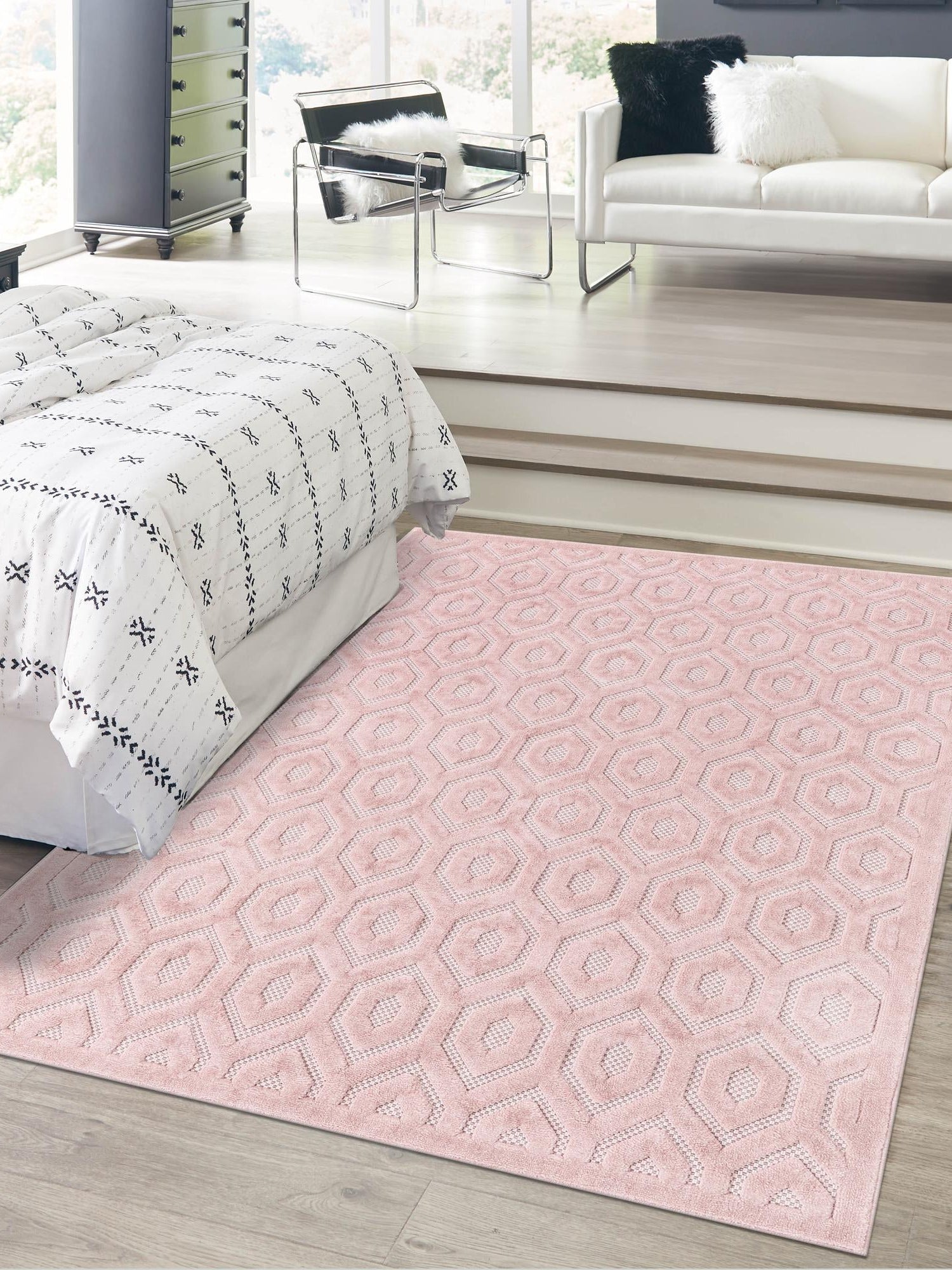 Pink 2' x 3' Outdoor Trellis Textured Rectangle Area Rug Weather Resistant for Patio, Deck, Terrace, Balcony, Porch Geometric Design Water Safe Outside Carpet for Sale at Rug Engine