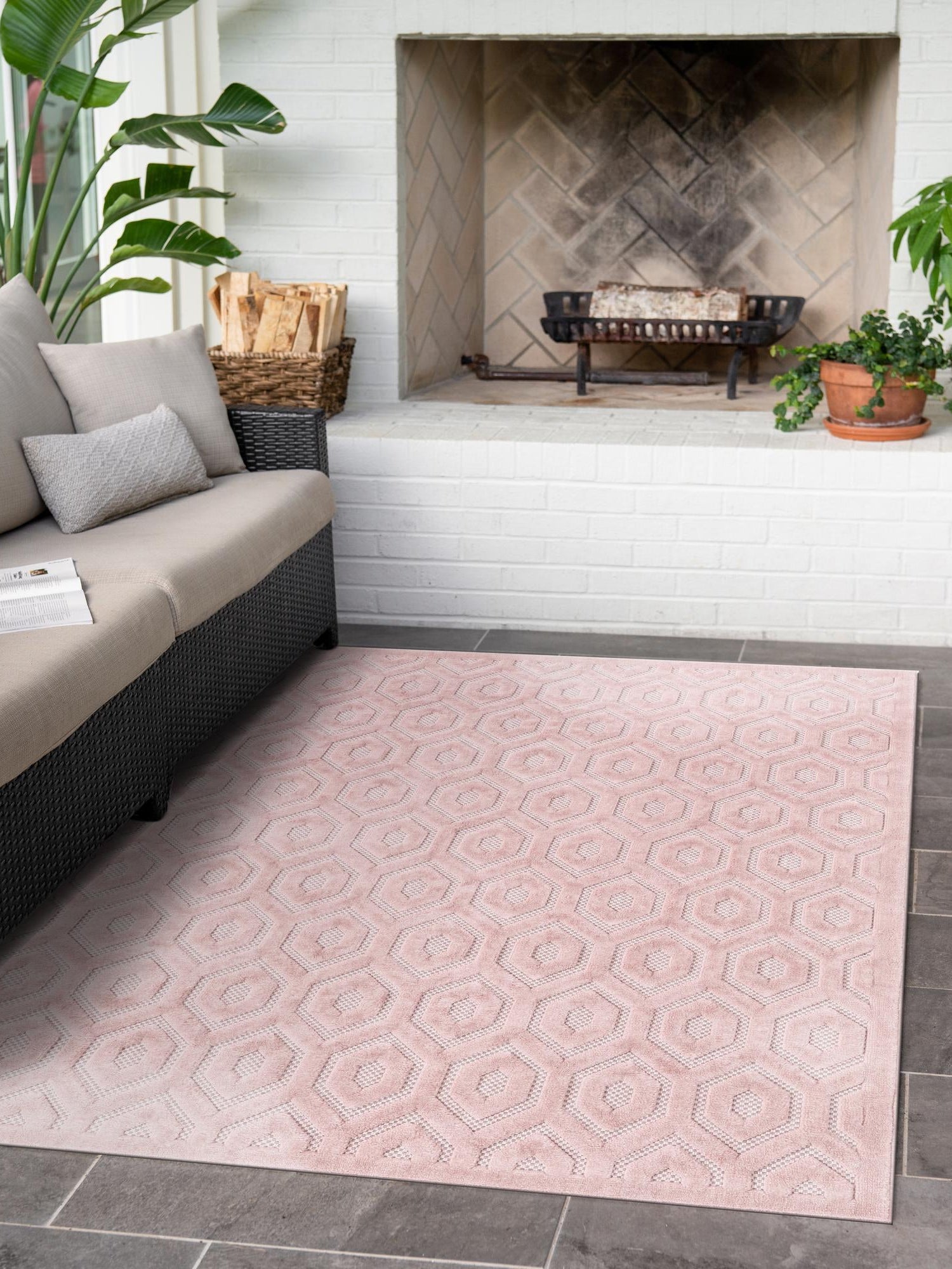 Pink 4' x 6' Outdoor Trellis Textured Rectangle Area Rug Weather Resistant for Patio, Deck, Terrace, Balcony, Porch Geometric Design Water Safe Outside Carpet for Sale at Rug Engine