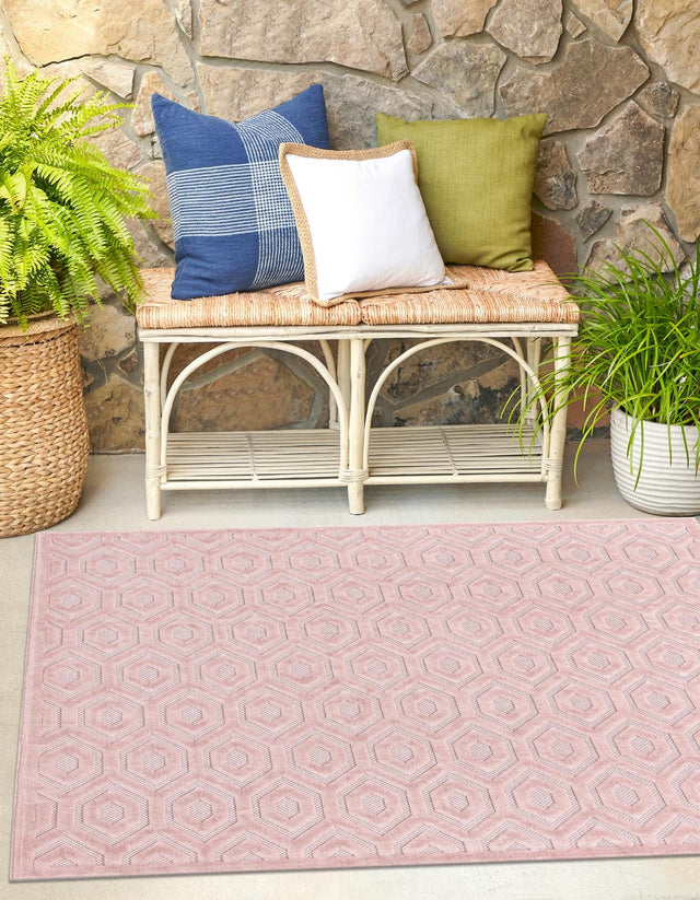 Pink 7' 10 x 7' 10 Outdoor Trellis Textured Square Area Rug Weather Resistant for Patio, Deck, Terrace, Balcony, Porch Geometric Design Water Safe Outside Carpet for Sale at Rug Engine