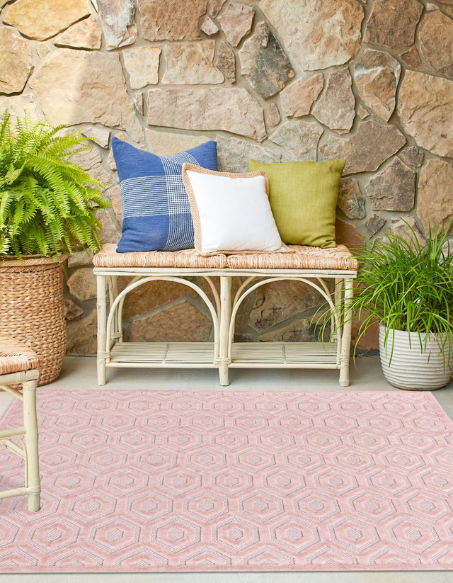 Pink 7' 10 x 7' 10 Outdoor Trellis Textured Square Area Rug Weather Resistant for Patio, Deck, Terrace, Balcony, Porch Geometric Design Water Safe Outside Carpet for Sale at Rug Engine