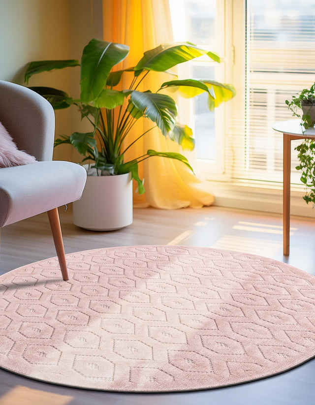 Pink 7' x 7' Outdoor Trellis Textured Round Rug