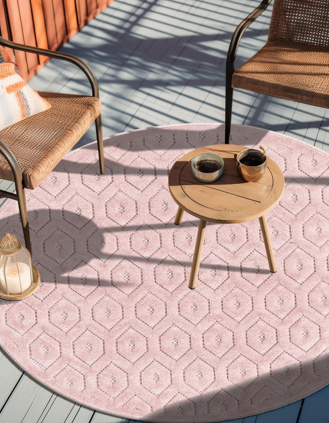 Pink 5' 3 x 5' 3 Outdoor Trellis Textured Round Area Rug Weather Resistant for Patio, Deck, Terrace, Balcony, Porch Geometric Design Water Safe Outside Carpet for Sale at Rug Engine