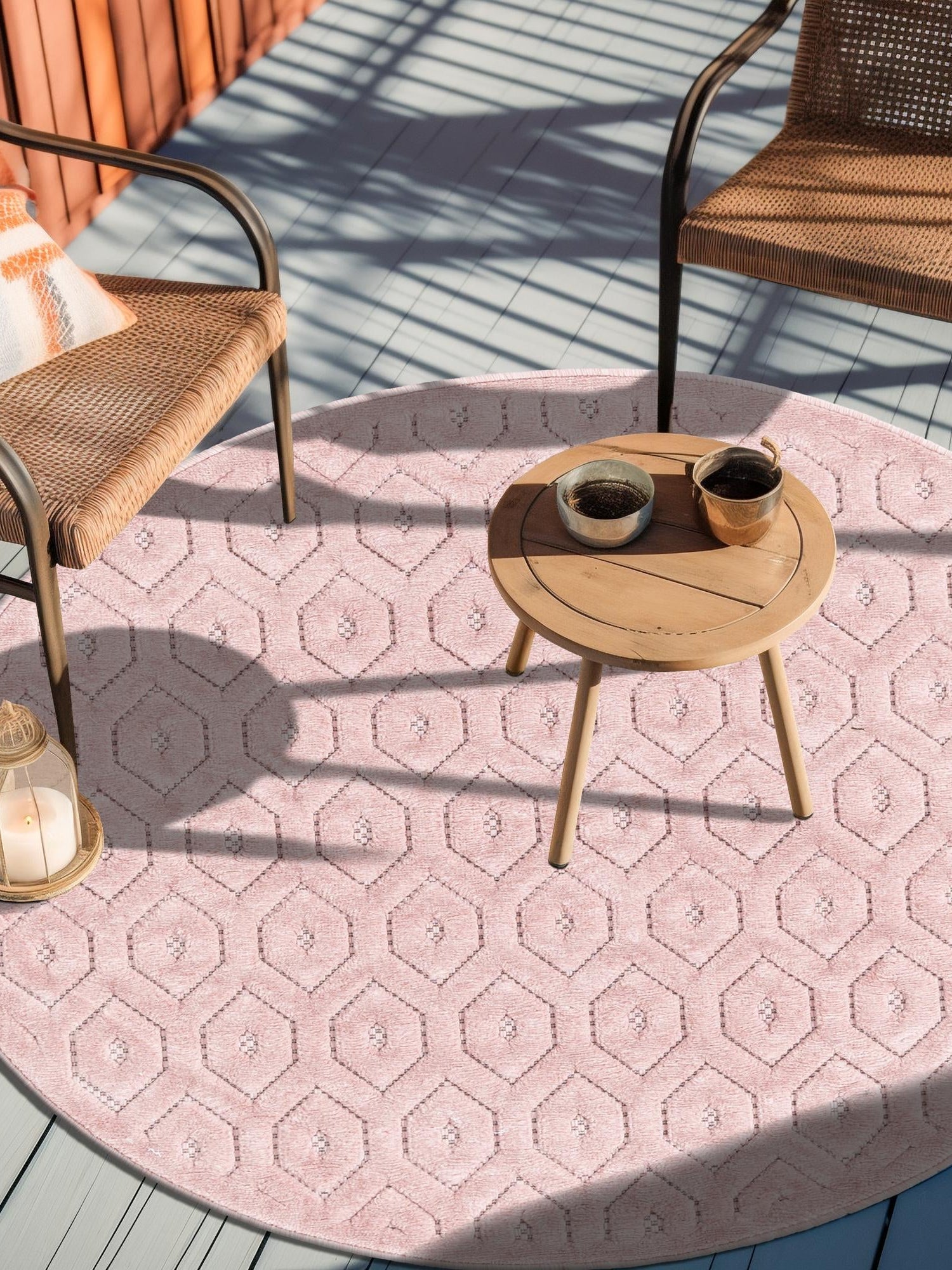 Pink 4' x 4' Outdoor Trellis Textured Round Area Rug Weather Resistant for Patio, Deck, Terrace, Balcony, Porch Geometric Design Water Safe Outside Carpet for Sale at Rug Engine