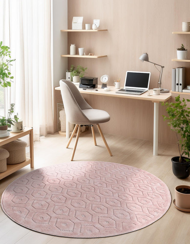 Pink 7' x 7' Outdoor Trellis Textured Round Rug