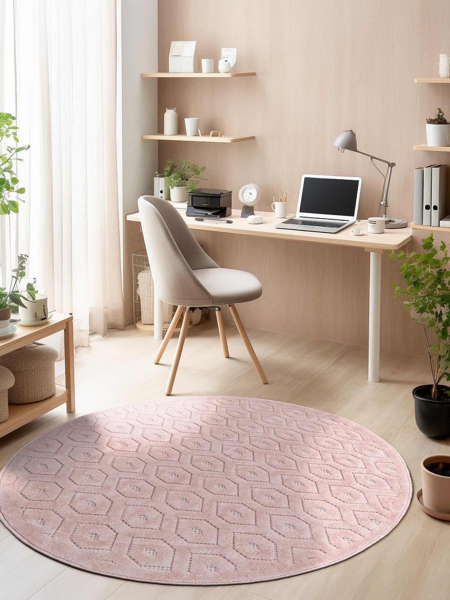 Pink 3' x 3' Outdoor Trellis Textured Round Area Rug Weather Resistant for Patio, Deck, Terrace, Balcony, Porch Geometric Design Water Safe Outside Carpet for Sale at Rug Engine