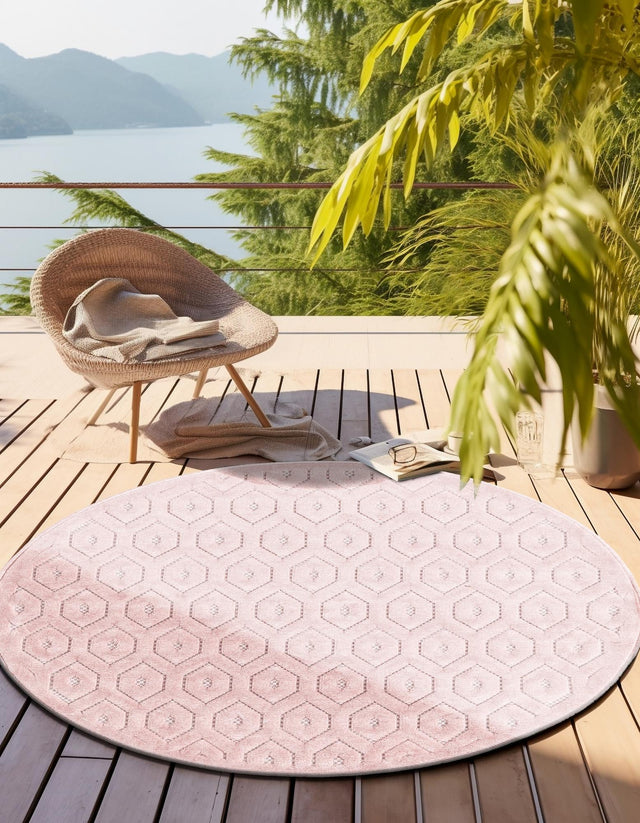 Pink 5' 3 x 5' 3 Outdoor Trellis Textured Round Area Rug Weather Resistant for Patio, Deck, Terrace, Balcony, Porch Geometric Design Water Safe Outside Carpet for Sale at Rug Engine