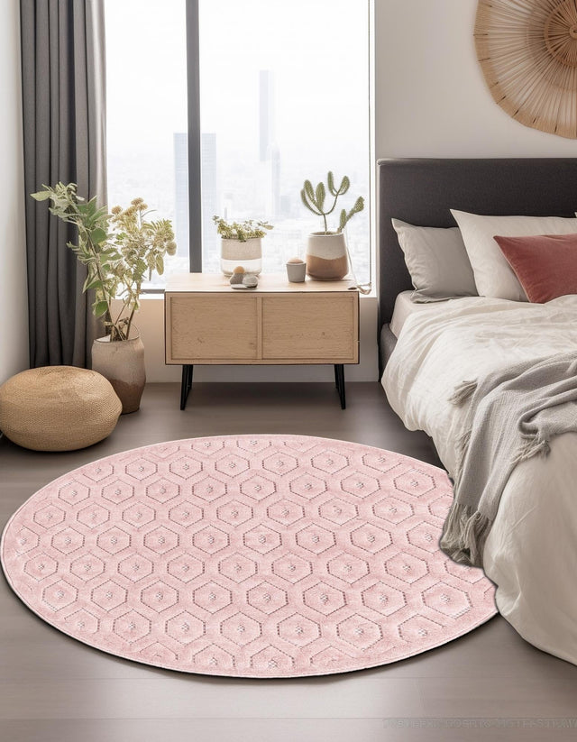 Pink 5' 3 x 5' 3 Outdoor Trellis Textured Round Area Rug Weather Resistant for Patio, Deck, Terrace, Balcony, Porch Geometric Design Water Safe Outside Carpet for Sale at Rug Engine