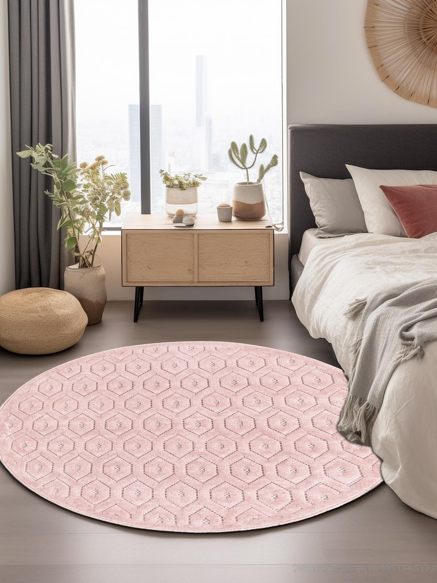 Pink 7' x 7' Outdoor Trellis Textured Round Area Rug Weather Resistant for Patio, Deck, Terrace, Balcony, Porch Geometric Design Water Safe Outside Carpet for Sale at Rug Engine