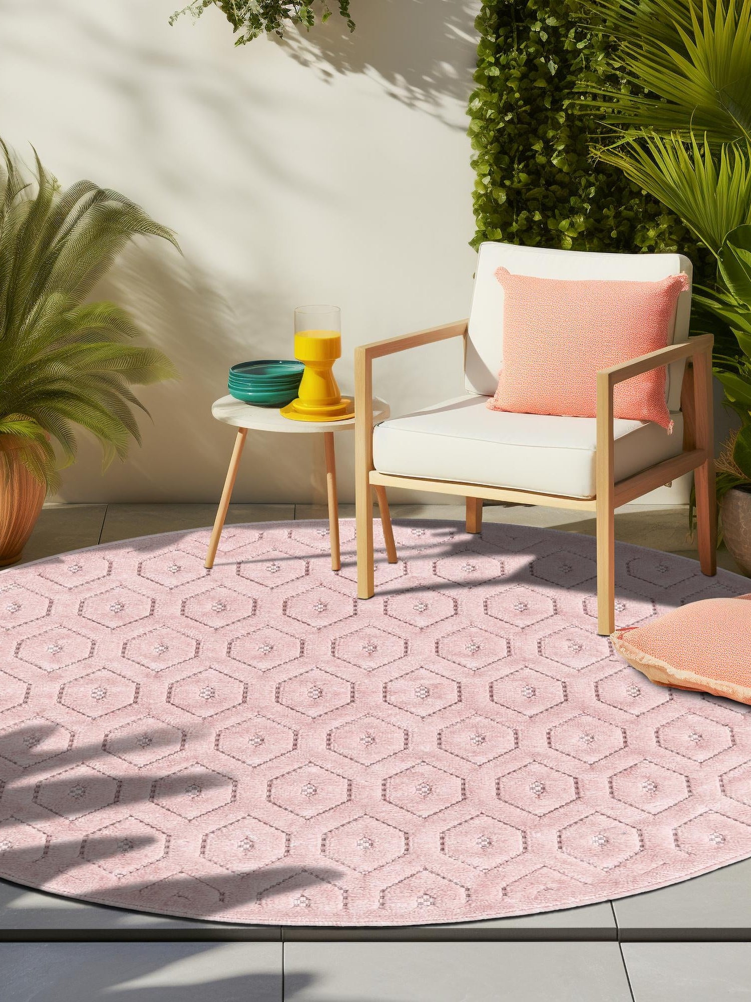 Pink 3' x 3' Outdoor Trellis Textured Round Area Rug Weather Resistant for Patio, Deck, Terrace, Balcony, Porch Geometric Design Water Safe Outside Carpet for Sale at Rug Engine