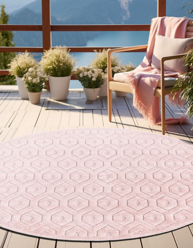 Pink 7' x 7' Outdoor Trellis Textured Round Rug