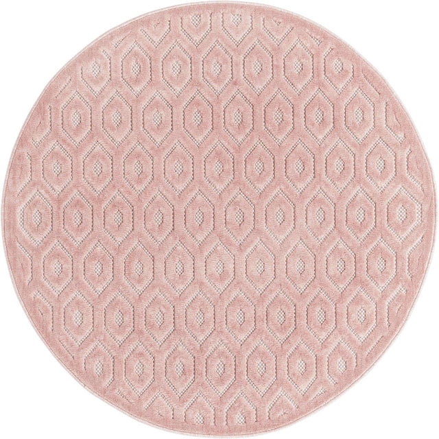 Pink 5' 3 x 5' 3 Outdoor Trellis Textured Round Area Rug Weather Resistant for Patio, Deck, Terrace, Balcony, Porch Geometric Design Water Safe Outside Carpet for Sale at Rug Engine