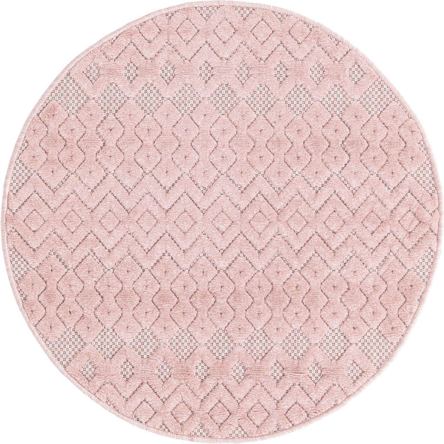 Pink 3' x 3' Outdoor Trellis Textured Round Area Rug Weather Resistant for Patio, Deck, Terrace, Balcony, Porch Geometric Design Water Safe Outside Carpet for Sale at Rug Engine