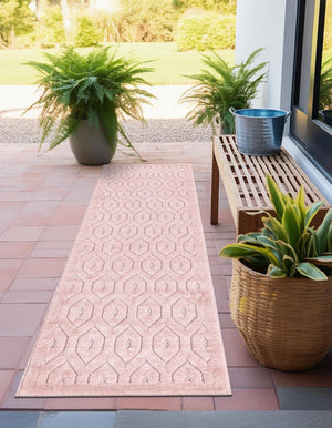Pink 2' x 8' Outdoor Trellis Textured Runner Area Rug Weather Resistant for Patio, Deck, Terrace, Balcony, Porch Geometric Design Water Safe Outside Carpet for Sale at Rug Engine