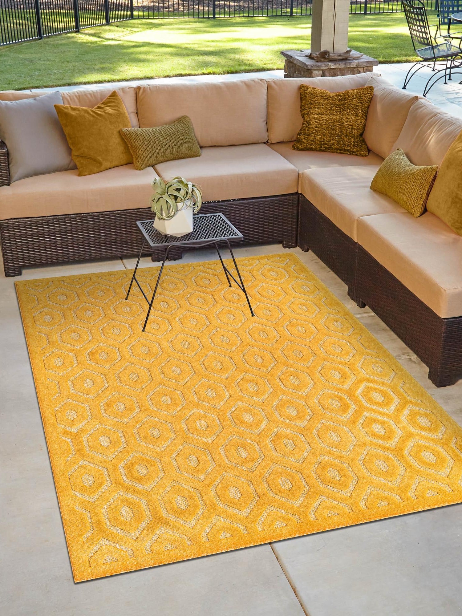 Yellow 5' 3 x 8' Outdoor Trellis Textured Rectangle Area Rug Weather Resistant for Patio, Deck, Terrace, Balcony, Porch Geometric Design Water Safe Outside Carpet for Sale at Rug Engine