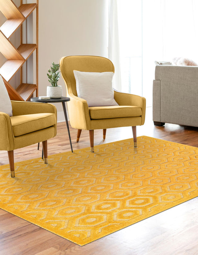 Yellow 6' x 9' Outdoor Trellis Textured Rectangle Area Rug Weather Resistant for Patio, Deck, Terrace, Balcony, Porch Geometric Design Water Safe Outside Carpet for Sale at Rug Engine