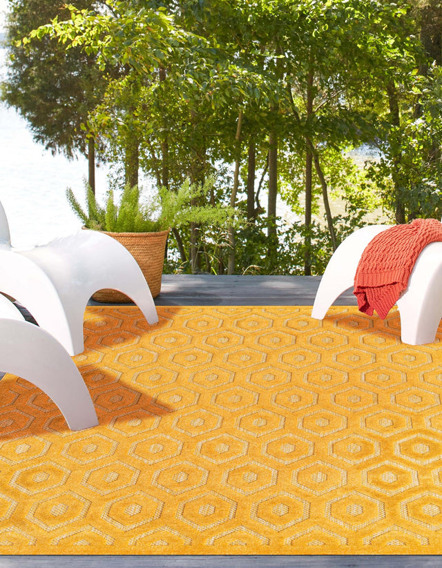 Yellow 6' x 9' Outdoor Trellis Textured Rectangle Area Rug Weather Resistant for Patio, Deck, Terrace, Balcony, Porch Geometric Design Water Safe Outside Carpet for Sale at Rug Engine