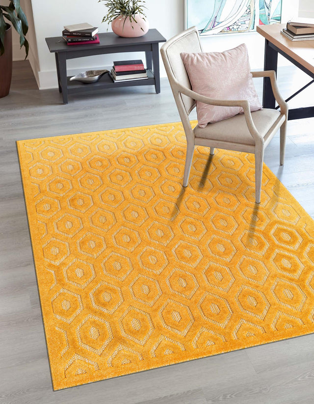 Yellow 6' x 9' Outdoor Trellis Textured Rectangle Area Rug Weather Resistant for Patio, Deck, Terrace, Balcony, Porch Geometric Design Water Safe Outside Carpet for Sale at Rug Engine